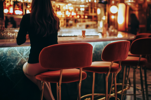 Sophisticated Japanese woman in designer bar with chic interior