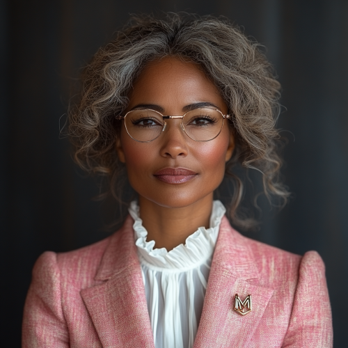 Sophisticated Woman in Pink Suit Jacket and Glasses