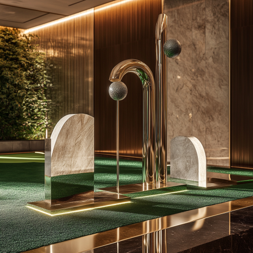 Sophisticated indoor putting green, art sculptures in refined setting