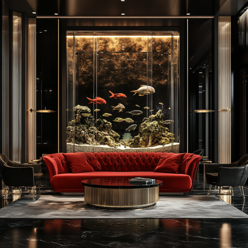 Sophisticated lounge with gold, black, and red decor.