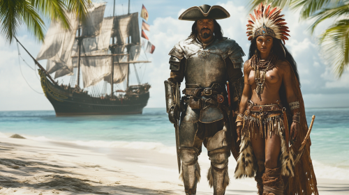 Spanish explorer in armor with Indian warrior on beach.