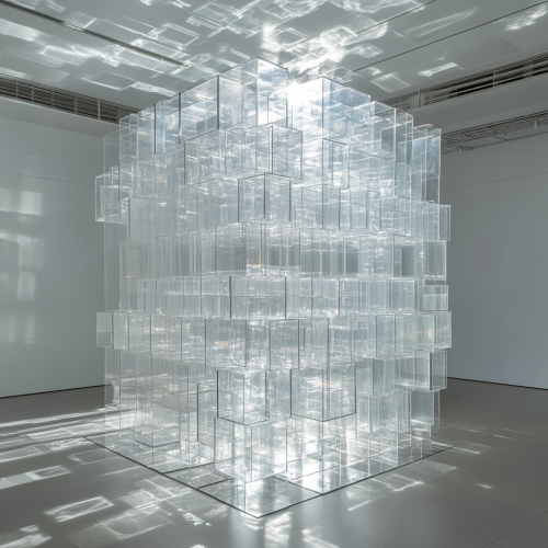 Sparkling Glass Cube with Floating Boxes in White Space Sparkling Glass Cube with Floating Boxes in White Space