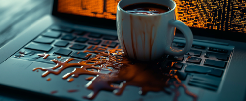Spilled coffee on laptop, code glitching, DSLR photo