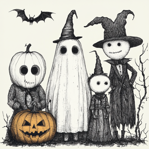 Spooky Halloween characters in detailed Edward Gorey drawing
