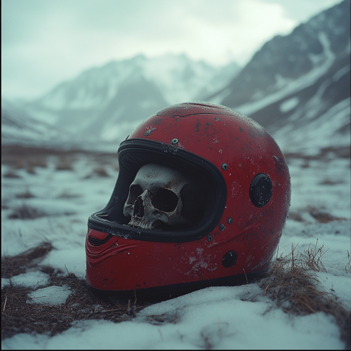 Spooky Skeleton in Red Helmet in Snowy Mountains