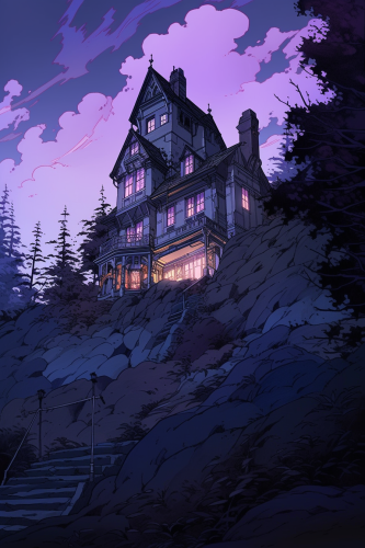Spooky Victorian House on Hill with Pine Trees