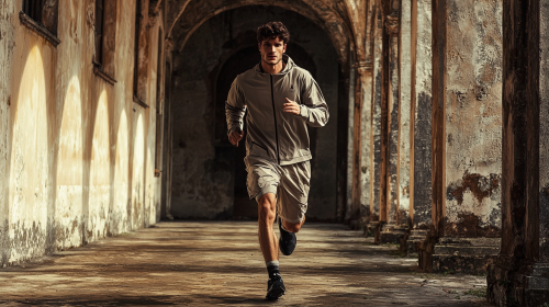 Sportswear photoshoot, male model, vintage Fuji film aesthetic.