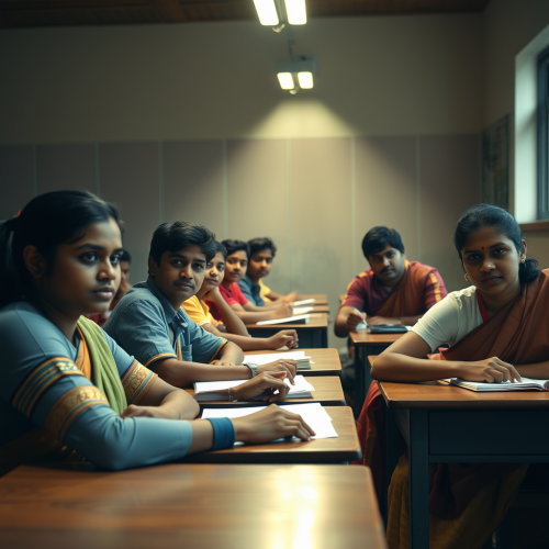 Sri Lankan students studying in a cinematic classroom.