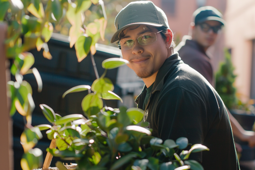 Staff carefully loading plants and fragile items in sunlight