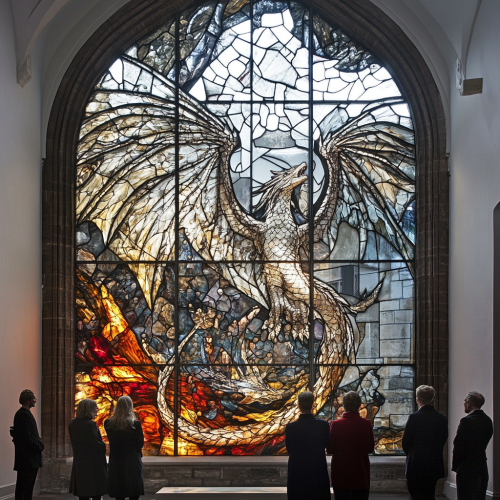 Stain glass window in church showing Silver Dragon talking.