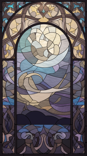 Stained glass moon and stars in pastel colors glow.