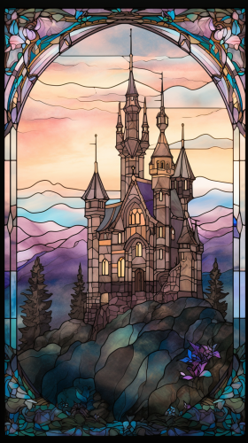 Stained glass window of medieval castle on hill. Stained glass window of medieval castle on hill.