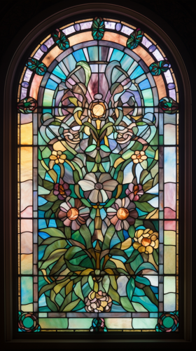 Stained glass window with sunflowers in soft pastel colors. Stained glass window with sunflowers in soft pastel colors.