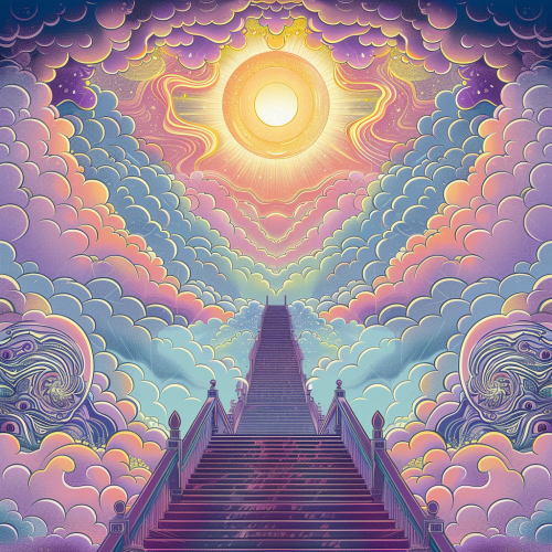 Stairs to heaven with angels and psychedelic background.
