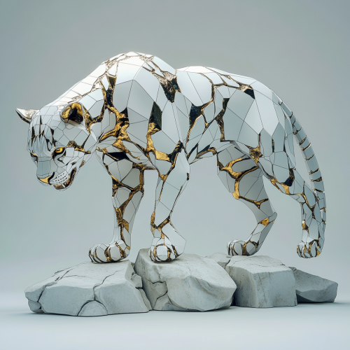 Stalking Jaguar: Majestic Fragmented Sculpture on Gold Base