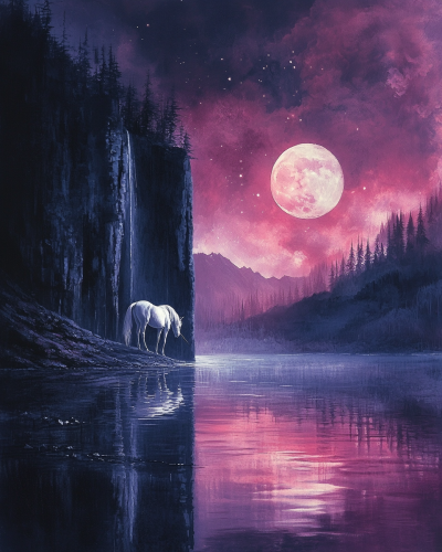 Starry night reflected in calm lake, white horse fencing