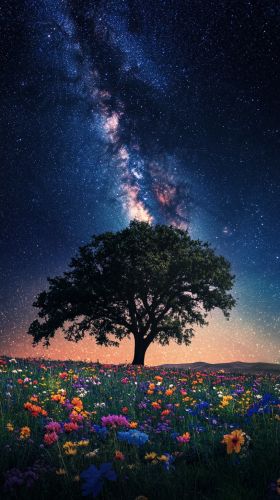 Stars twinkle in vast, cloudless sky above lone tree.