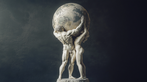 Statue of strong man and woman holding globe