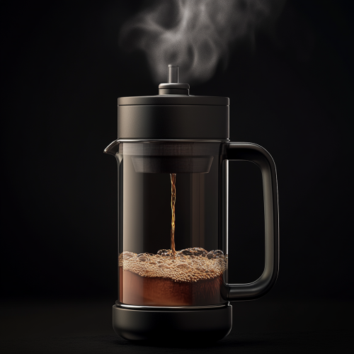 Steaming French press pouring coffee into fancy cup