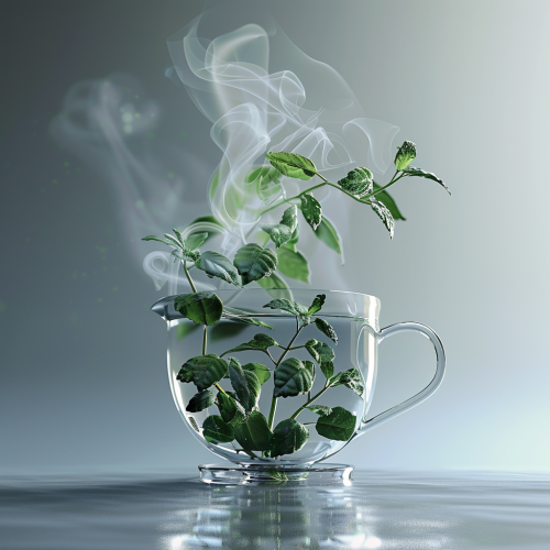 Steaming black tea leaves in clear teacup