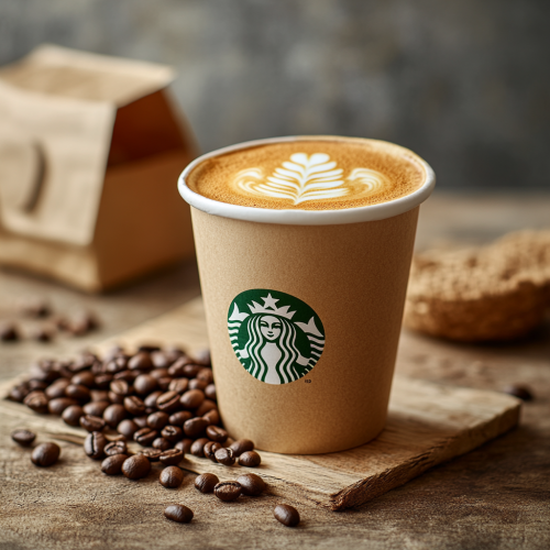 Steaming coffee cup with fresh beans, like Starbucks.