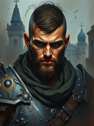 Stoic Warrior in Ruined City: An Oil Painting