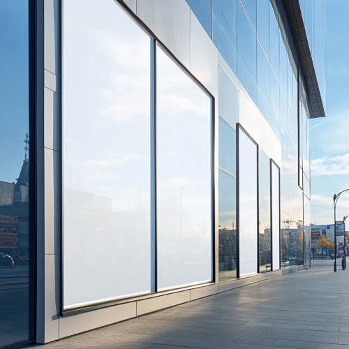 Storefront or industrial facility with durable white vinyl film.