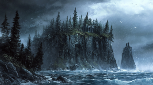 Stormy island with pine forests, mausoleums on icy cliffs. Stormy island with pine forests, mausoleums on icy cliffs.
