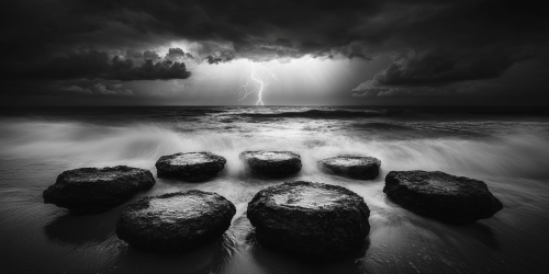 Stormy shoreline with rocks, waves, lightning and reflective pools. Stormy shoreline with rocks, waves, lightning and reflective pools.