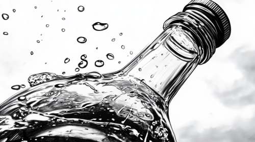 Storyboard illustration: drop falls into bottle, dynamic angles.