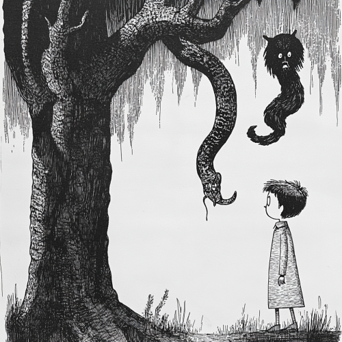 Strange Figures in Eerie Forest: A Surreal Scene