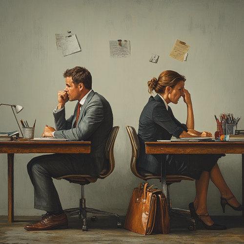 Stressed man and woman in office meeting