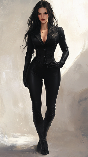 Striking angular features, sleek dark hair, stylish outfit.