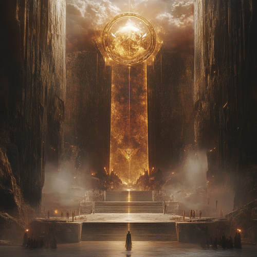 Striking scene with central figure, bold colors, grand mood.