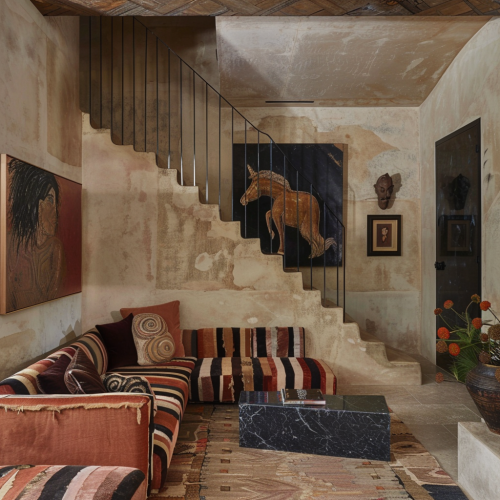 Striped couch, velvet cushions, modern horse painting, earthy colors.