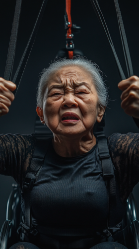 Strong Asian grandma in wheelchair pulls resistance band