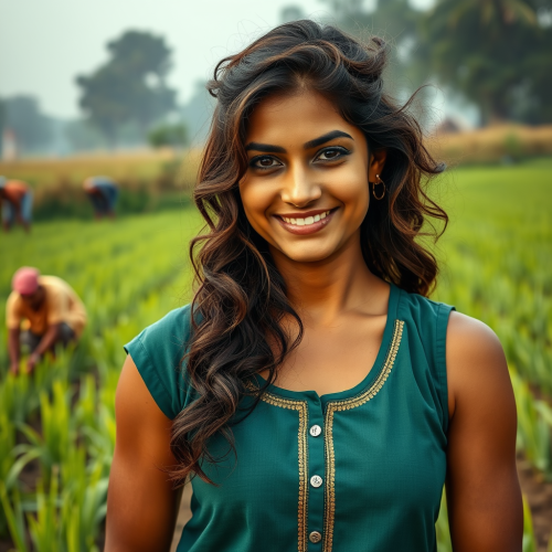 Strong Indian girl smiling in rice field.