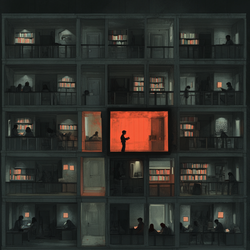 Student studying with red book stands out in grey dorm.