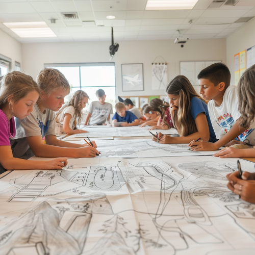 Students draw personal maps in bright classroom.