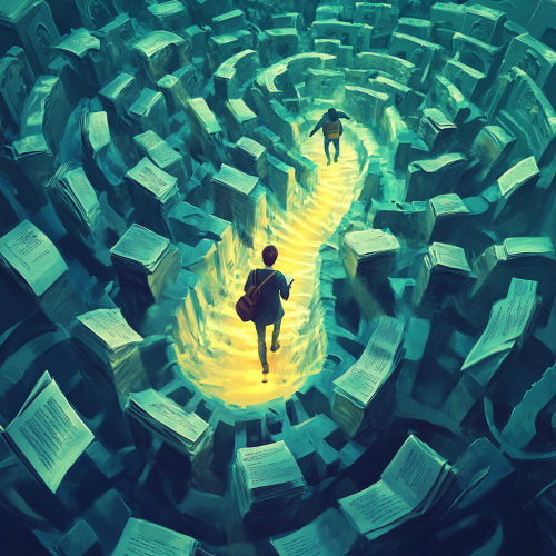 Students lost in maze, one guided by bright book. Students lost in maze, one guided by bright book.