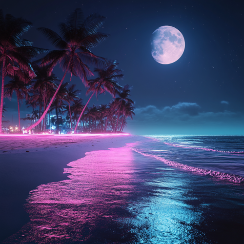 Stunning Night View of Miami Beach, Full Moon