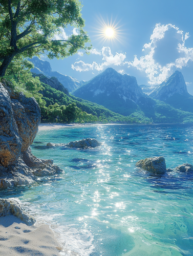 Stunning realistic nature scenery with water, sky, and sun