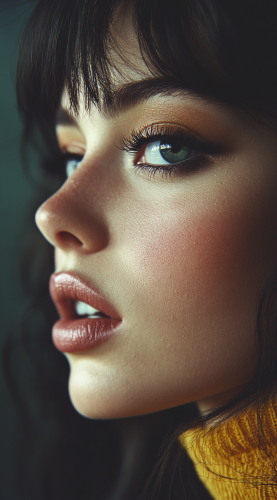 Stunning woman's face in 1970s, realistic high contrast.