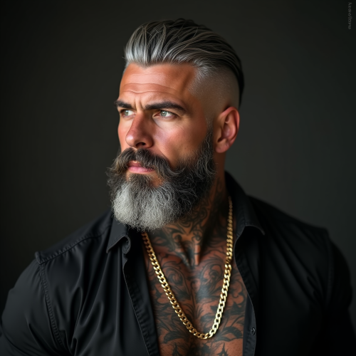 Stylish American Man with Beard and Neck Tattoos