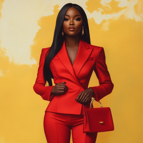 Stylish Black Woman in Red Suit with Purse