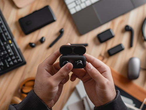Stylish Bluetooth earphone held by an Asian model