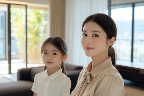 Stylish Japanese Mother and Daughter in Elegant Room