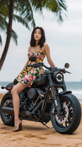 Stylish Japanese Woman with Harley-Davidson at Beach