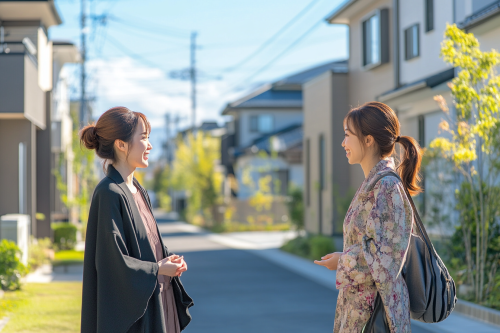 Japanese Women Chat in Upscale Neighborhood