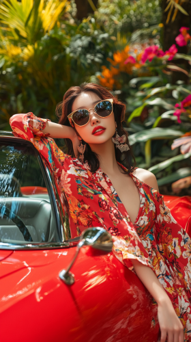 Japanese woman next to red luxury convertible.